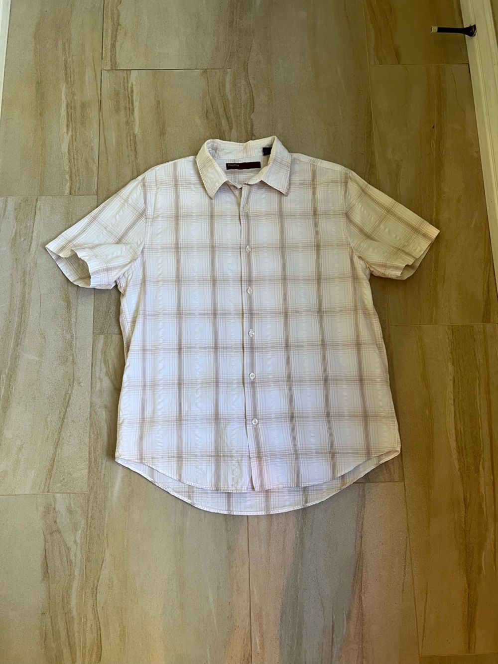Perry Ellis Light Pink and White Plaid Short-Sleeve Button-Down Shirt